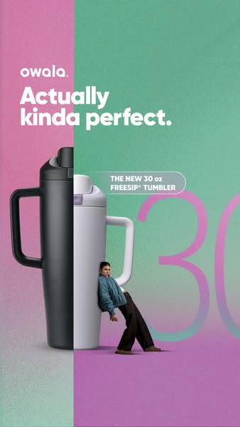 This image ad features the Owala FreeSip Tumbler. The ad showcases the product in two colors and includes a woman leanin