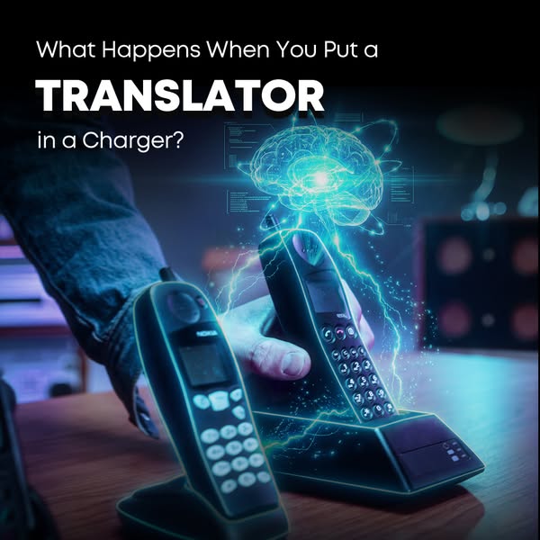 The ad is for a translation device. The headline poses a question about what happens when you put a translator in a char