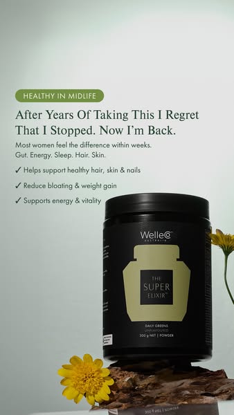 An image ad for WelleCo The Super Elixir shows a canister of the supplement alongside text promoting the benefits of the