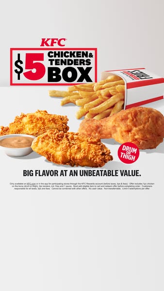 This ad promotes KFC's $5 Chicken & Tenders Box, highlighting the value and flavor of the deal.