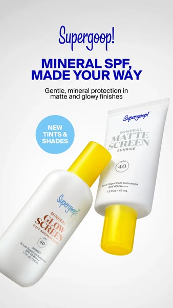 An ad for Supergoop! sunscreen, promoting the availability of mineral SPF in different finishes, including glowy and mat
