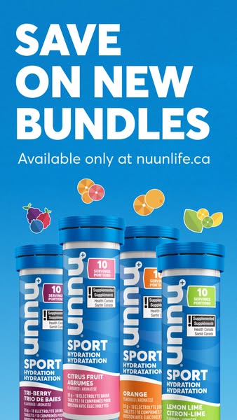 This ad promotes Nuun's sport hydration tablets, highlighting that the new bundles are on sale and available at nuun