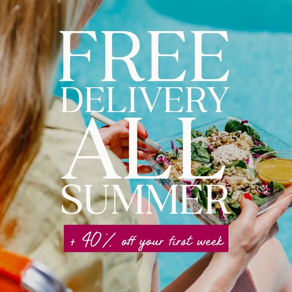 This image ad promotes a food delivery service. It features a woman eating a salad outdoors with the promise of free del