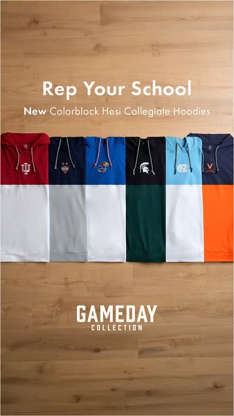 This ad promotes color block hoodies with collegiate branding, focusing on representing school pride through apparel. Th