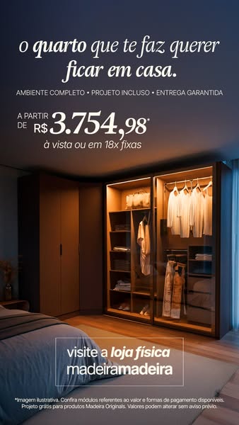 The ad showcases a bedroom closet setup from the brand Madeiramadeira, featuring a modern and functional wardrobe design