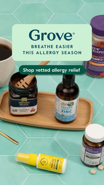 This image ad for Grove promotes natural allergy relief products, including honey, zinc, and immune support spray. The a