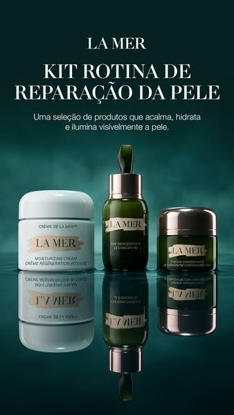 This ad for La Mer features three of the brand's skincare products. The products are displayed in a line against a d