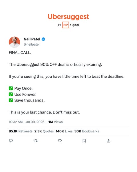 Screenshot of a tweet from Neil Patel about the Ubersuggest 90% off deal expiring soon.