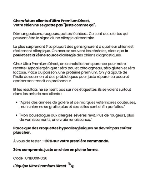This ad informs the consumer about the signs of food allergies in dogs and how to combat them. It offers a discount on t