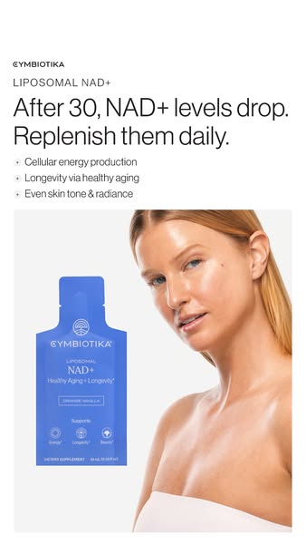 Image ad for Cymbiotika Liposomal NAD+ Supplement. The ad speaks to those over 30, highlighting the benefit of replenish