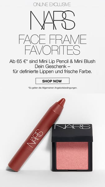 This image ad promotes a gift offer from NARS, featuring a mini lip pencil and blush for defined lips and fresh color, w