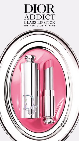 This ad showcases the Dior Addict glass lipstick. The ad focuses on the product's packaging and shiny finish. The ad