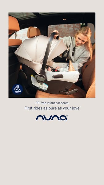 This image ad for Nuna features an FR-free infant car seat. The ad shows a woman placing the car seat into the back of a
