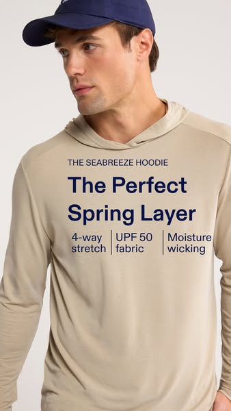 This ad showcases the Seabreeze Hoodie as the perfect spring layer. It emphasizes the hoodie's 4-way stretch, UPF 50