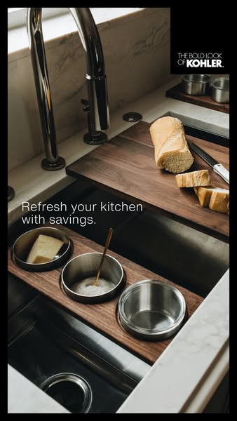 This ad showcases the Kohler Stages Sink, which has accessories that enhance kitchen efficiency. The ad suggests luxury