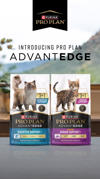 This image is an advertisement for Purina Pro Plan Advantedge cat food. It showcases two different formulas: Digestive S