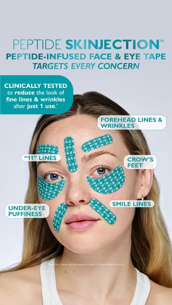 The ad showcases Peptide Skinjection face and eye tape, which targets skin concerns, especially fine lines and wrinkles.