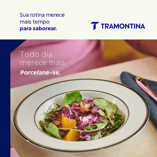 This image ad from Tramontina features a plate of salad, and emphasizes the importance of taking time to savor one's