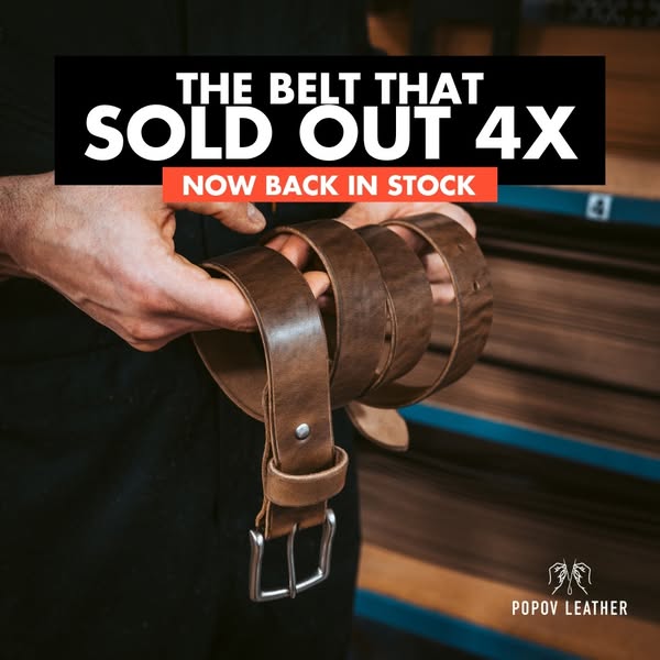 This ad for Popov Leather features a close-up of a leather belt being held by a person. The ad emphasizes the belt's