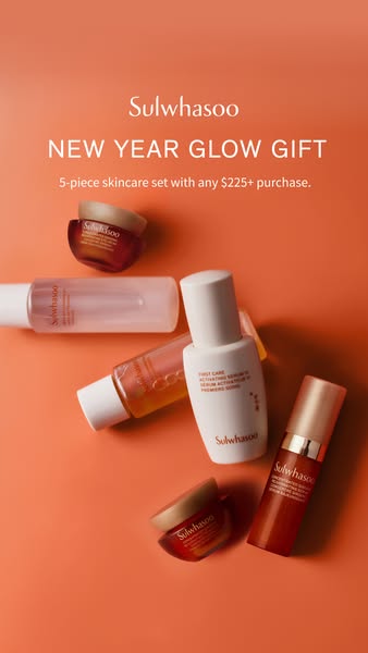 This ad showcases a 5-piece skincare set from Sulwhasoo as a New Year gift with a purchase of $225 or more.