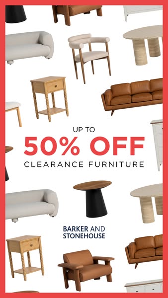 This image ad for Barker and Stonehouse promotes a clearance sale on furniture, offering up to 50% off. The ad features 