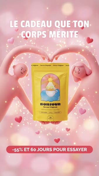 This ad for Bonjour tea features a pair of cartoon figures holding their arms in a heart shape around a bag of tea in a 