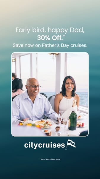 This image ad for City Cruises promotes a 30% off discount for Father's Day cruises. It features a photo of a man an