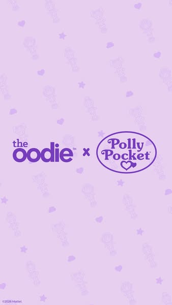 This image is an announcement for a collaboration between The Oodie and Polly Pocket. The background is a light purple c