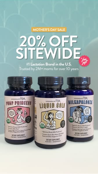 An image ad for Legendairy Milk lactation supplements, highlighting a 20% off sitewide Mother's Day sale. The ad fea
