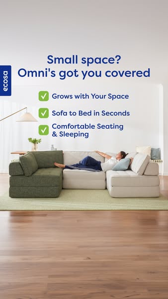 The ad showcases the Omni sofa by Ecosa, which is designed for small spaces and can be easily converted into a bed. The 