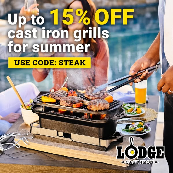 This ad shows the Lodge cast iron grill being used by a group of people outside. The text in the ad advertises 15% off o