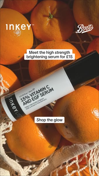This image ad showcases The Inkey List's 15% Vitamin C and EGF Serum, highlighting its brightening properties and af