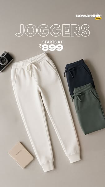 This ad showcases joggers from Bewakoof.com, highlighting their starting price of ₹899. The ad features a flat lay of th