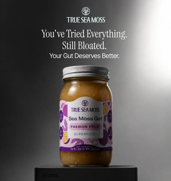 This ad for True Sea Moss Passion Fruit Sea Moss Gel highlights the product as a gut health solution for bloating. It em