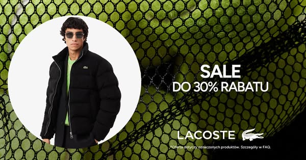 This ad for Lacoste features a man wearing a black puffer jacket. The ad highlights a sale of up to 30% off.
