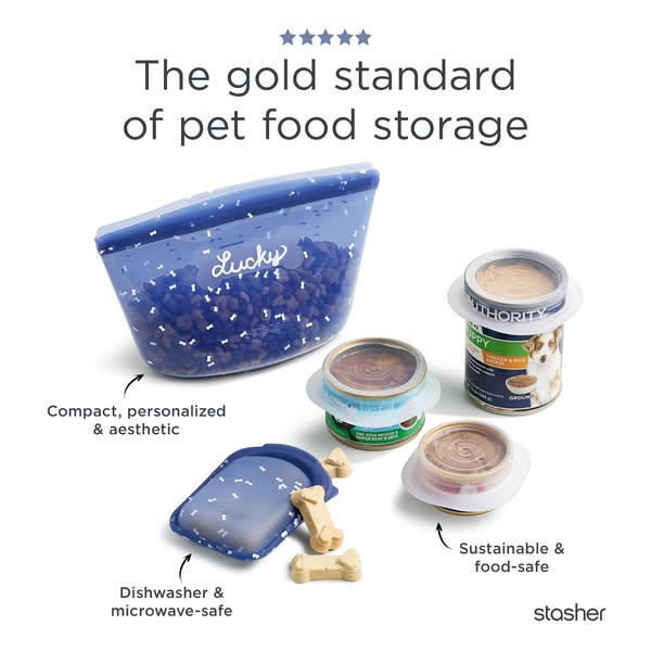 This ad showcases Stasher bags as an innovative storage solution for pet food, offering several benefits such as persona