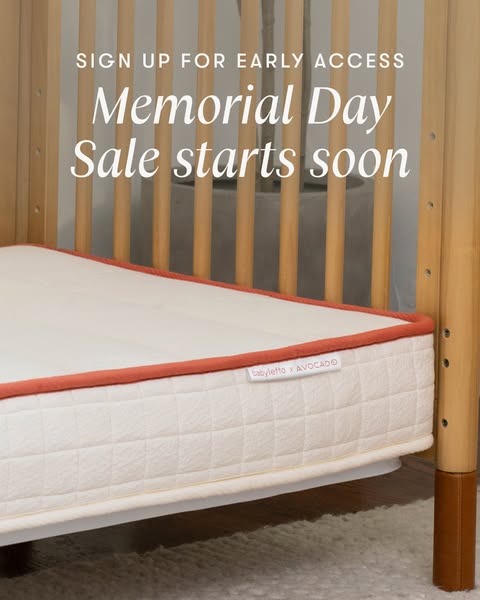 This image ad promotes an upcoming Memorial Day Sale for babyletto products at Avocado.