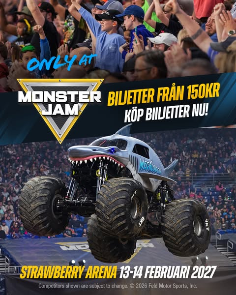 This ad is for the Monster Jam show in Strawberry Arena on February 13-14, 2027. The Monster Jam logo is featured promin