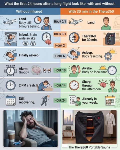 The image ad shows a side-by-side comparison of the first 24 hours after a long flight with and without using the Thera3