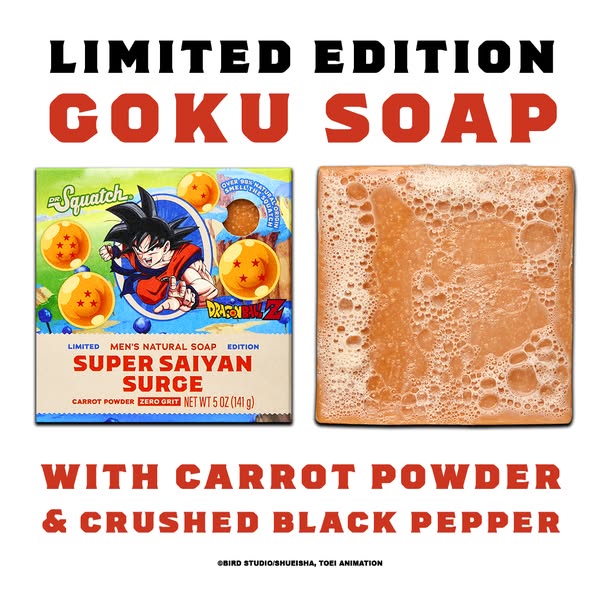 An image ad for Dr. Squatch limited edition Goku soap, featuring the branded soap packaging and unwrapped soap bar.