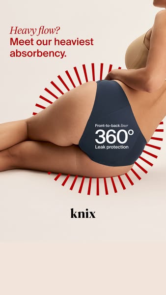 This ad showcases Knix period underwear, highlighting its 360° leak protection. The ad features a woman wearing the unde