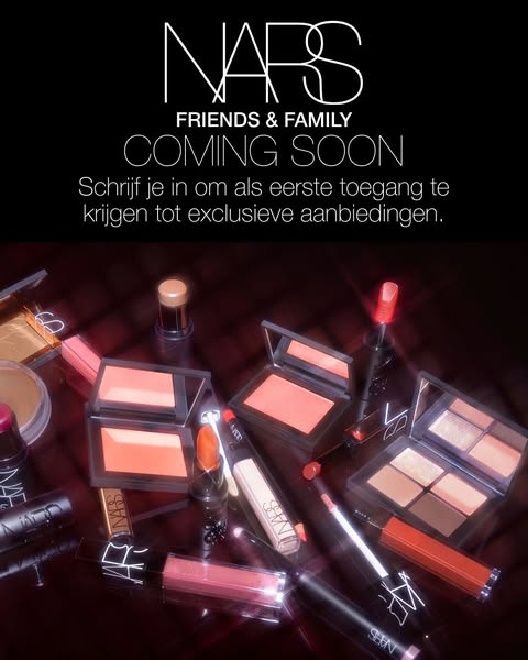 This ad promotes NARS' Friends & Family event. It features a collection of the brand's makeup products arran