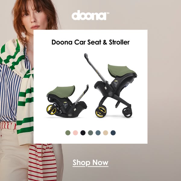 An advertisement for the Doona Car Seat & Stroller. The ad features a woman on the left with a car seat and stroller