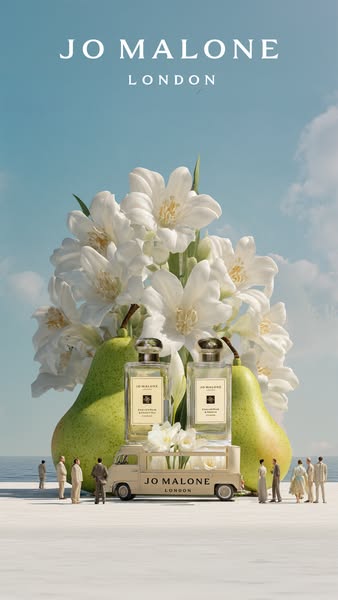 This ad showcases Jo Malone perfumes in a surreal scene featuring pears, white flowers, a miniature truck, and tiny peop