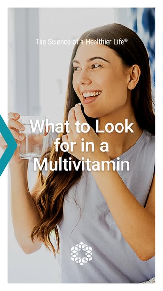 This ad is designed to educate viewers on what to look for in a multivitamin. It features a woman holding a glass of wat