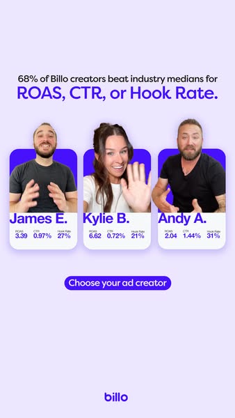 This ad showcases three creators from Billo, highlighting their ROAS, CTR, and Hook Rate performance to encourage users 