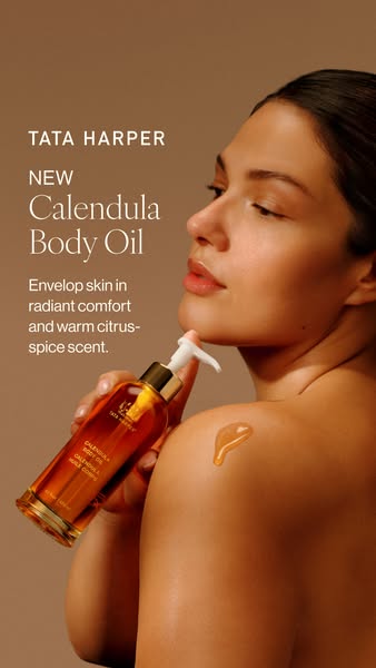 This ad is for Tata Harper's new Calendula Body Oil. The ad focuses on the oil's ability to provide radiant comf