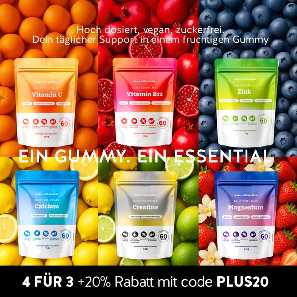 This image ad promotes 'bears with benefits' DAILY ESSENTIALS gummy vitamins, showcasing different vitamin varie