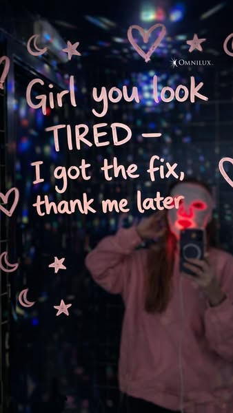 A person in front of a mirror using the product as a solution to looking tired.