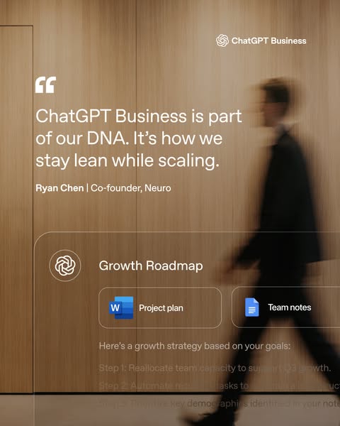 The ad shows a testimonial from Ryan Chen, co-founder of Neuro. He states that ChatGpt Business is part of their DNA and